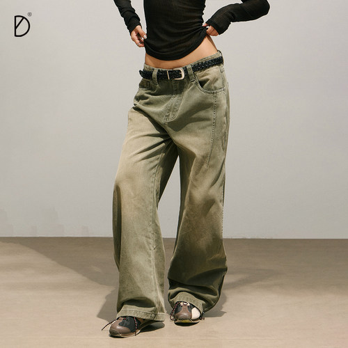 复古做旧牛仔裤女洗水黄泥秋冬