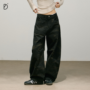SMILE DDD弯刀牛仔裤女宽松阿苏特染做旧复古水洗阔腿显瘦工装裤