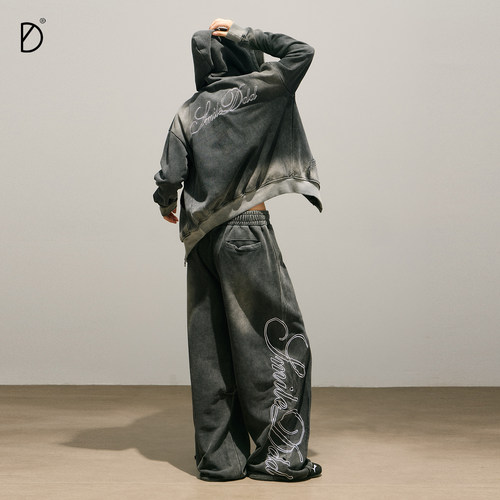 SMILE DDD拳击套装水洗黑360g美式简约休闲运动卫裤刺绣街舞开衫