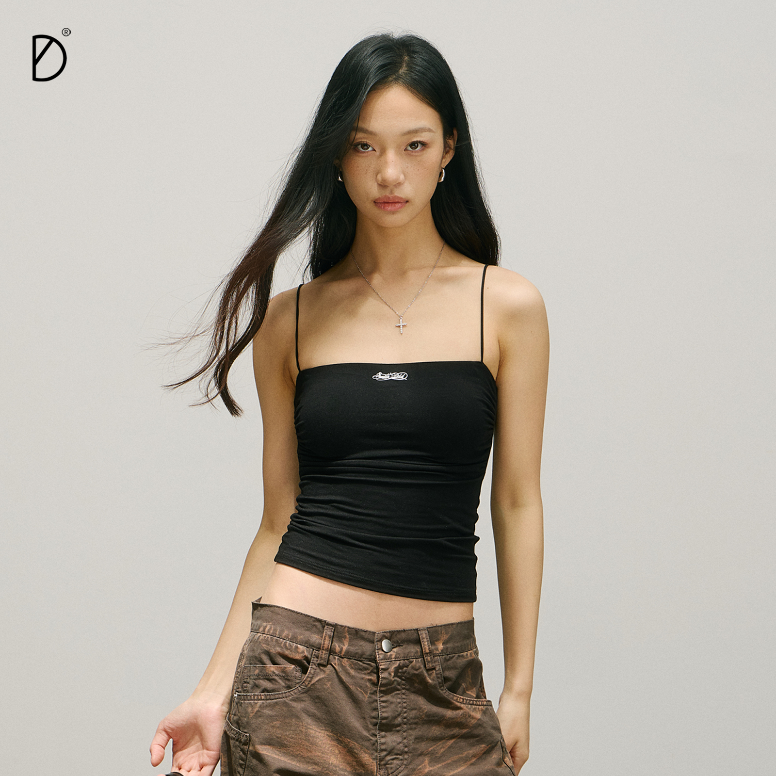 SMILE DDD褶皱细肩吊带女自带胸垫透气性感露背美式街头简约背心