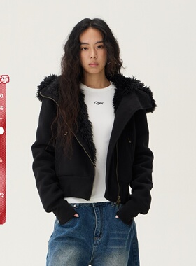 SMILE DDD短款毛领外套女修身显瘦连帽舒适保暖女小个子开衫卫衣