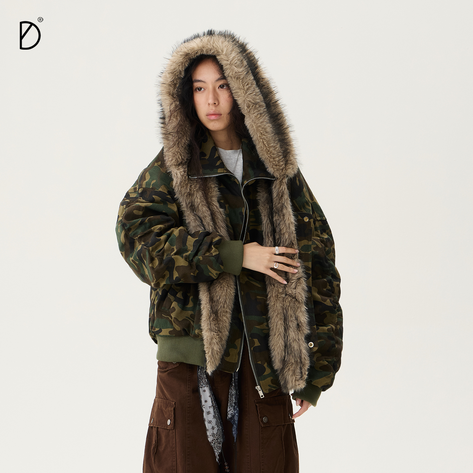 SMILE DDD毛领迷彩棉服座山雕连帽拼接设计美式夹克宽松重磅外套