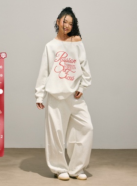 SMILE DDD斜肩套装米白色220g亲肤舒适透气卫衣美式休闲慵懒卫裤