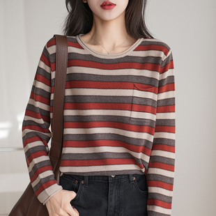 25年春秋季新款纯棉线圆领针织衫撞色彩色条纹宽松卷边口袋打底衫