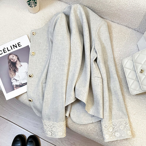 今年流行特惠米灰色优雅小香风外套女2025春秋新款蕾丝拼接法式