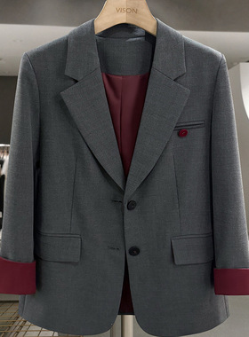 今年流行特惠安可拉红灰色拼接网红减龄西装外套女2025新款