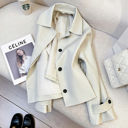 今年流行特惠米色时尚通勤短款风衣外套女2025秋季新款翻领休闲