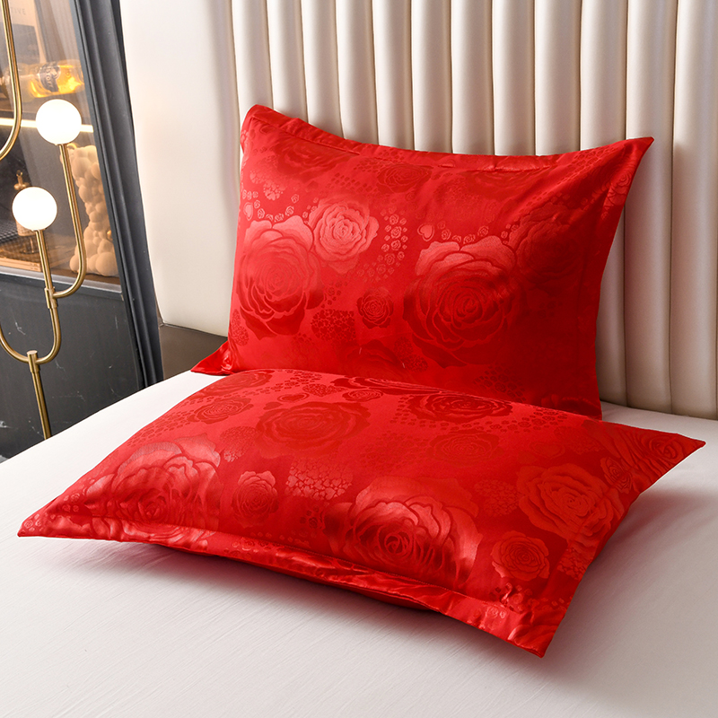 提花枕套单人一对装红色情侣枕头套47*74结婚枕套AB版玫瑰花枕套