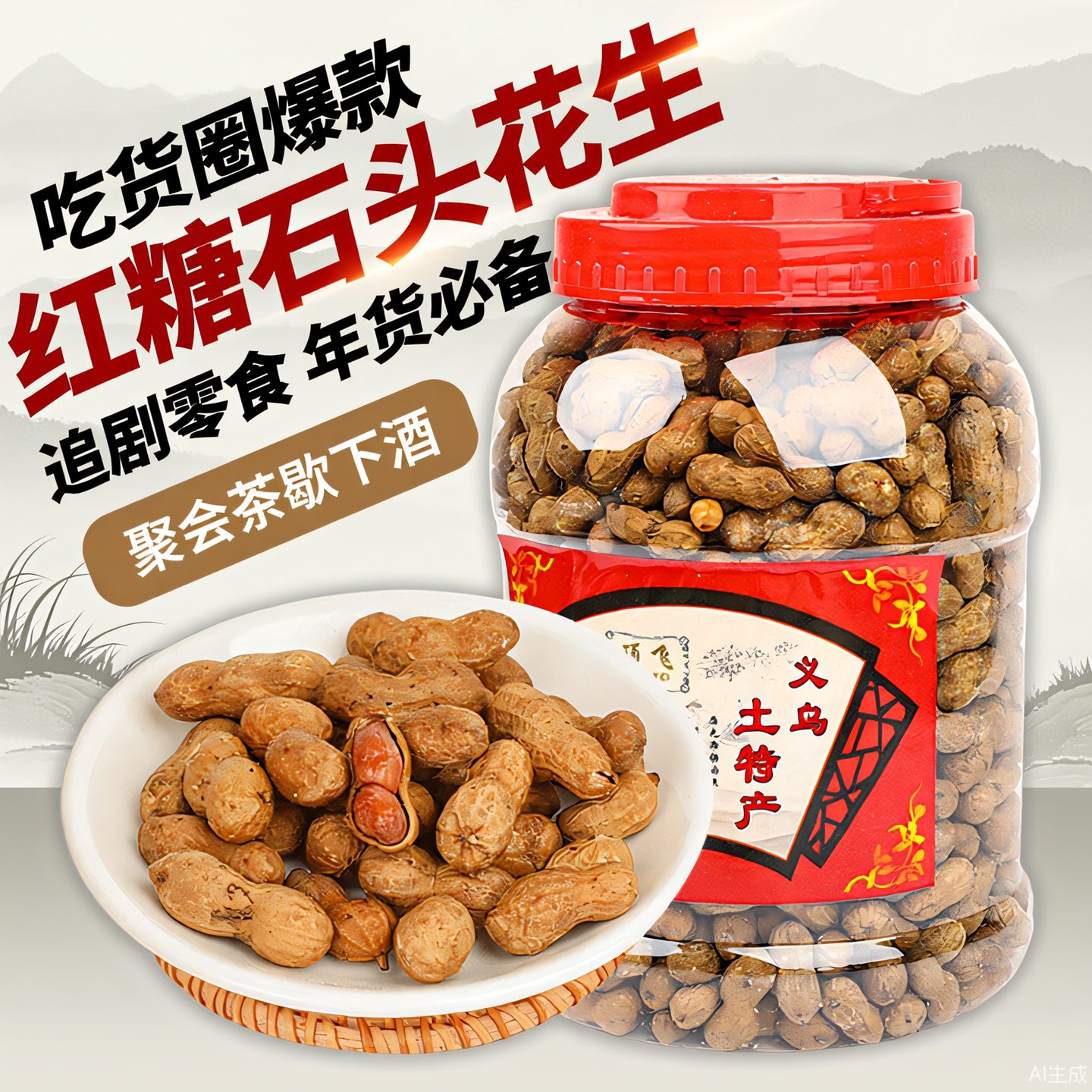 爆款新货石头红糖熟花生米小粒陈皮带壳烘干焦糖味糖果特产甜零食