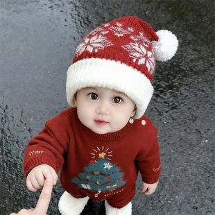 冬季宝宝毛线帽红色儿童圣诞帽男童针织帽洋气女宝保暖帽婴儿帽子
