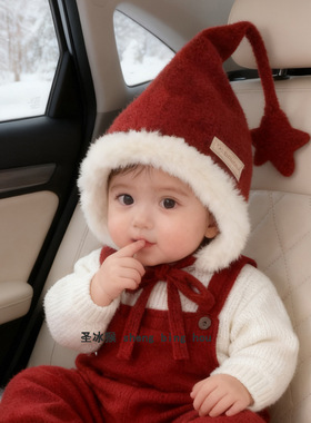 儿童圣诞帽子秋冬季保暖针织护耳帽男女宝宝毛线帽红色新年喜庆潮