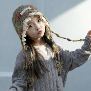 儿童针织帽子女童彩色编织可爱花边秋冬季女孩宝宝保暖套头护耳帽
