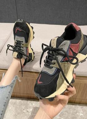 华夫小蛮腰阿甘鞋女2025新款秋季爆款真皮拼色厚底运动休闲老爹鞋