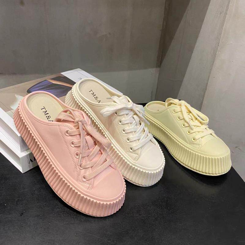 真皮包头半拖鞋女外穿2025春季新款厚底松糕懒人一脚蹬女鞋饼干鞋