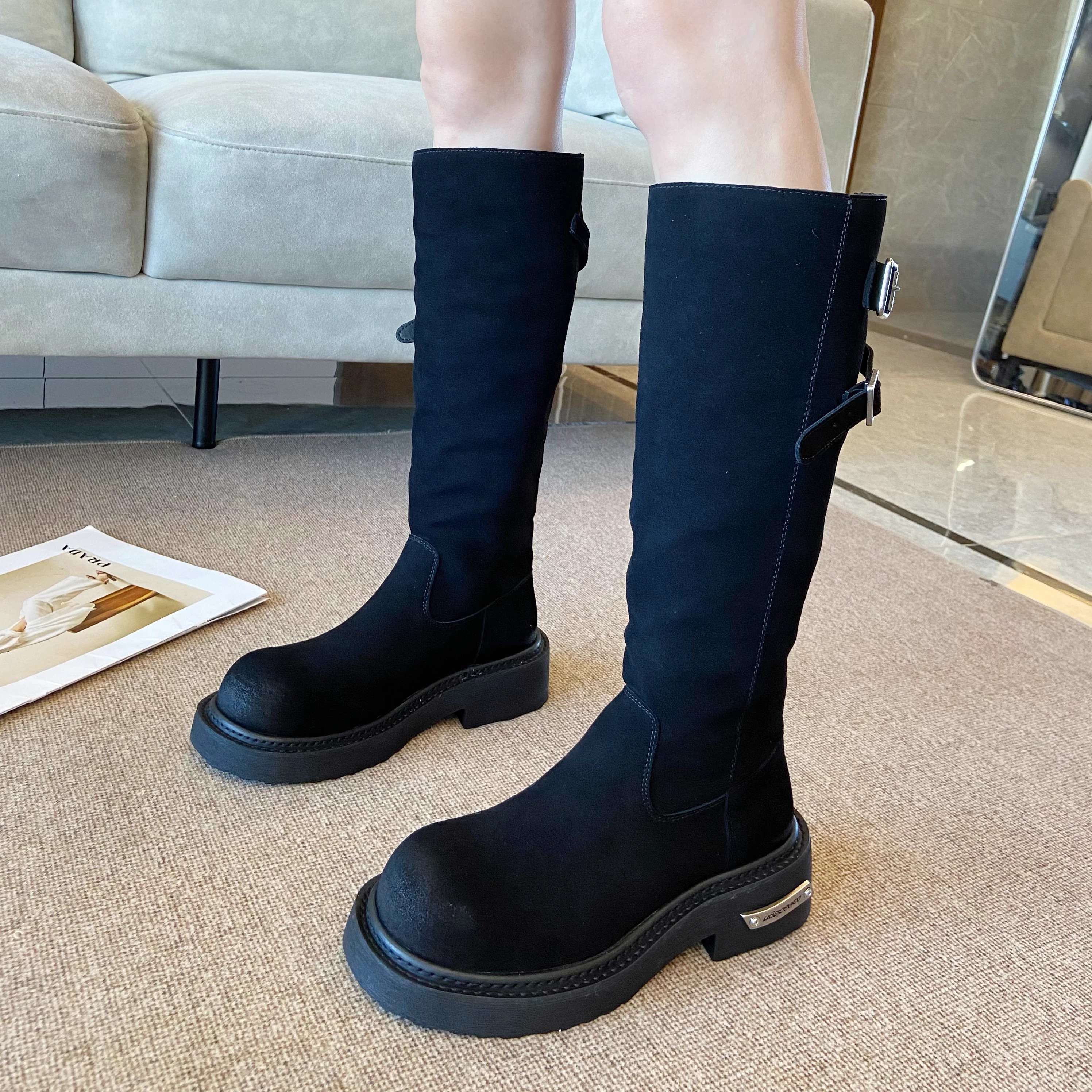 真皮厚底长筒靴女显瘦高筒骑士靴