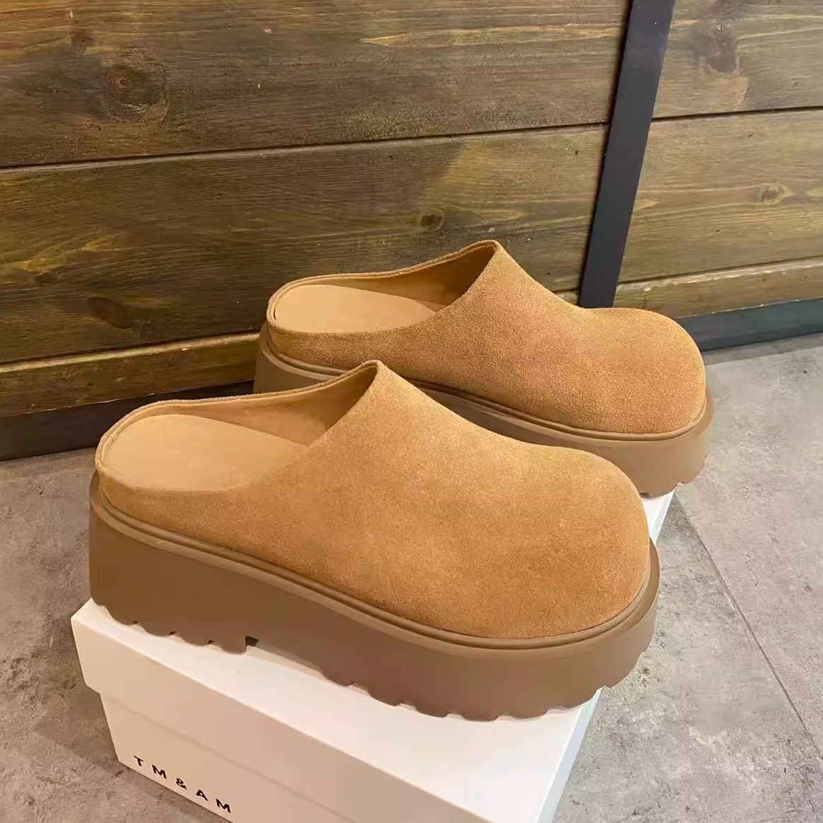 厚底包头半拖鞋女真皮外穿增高