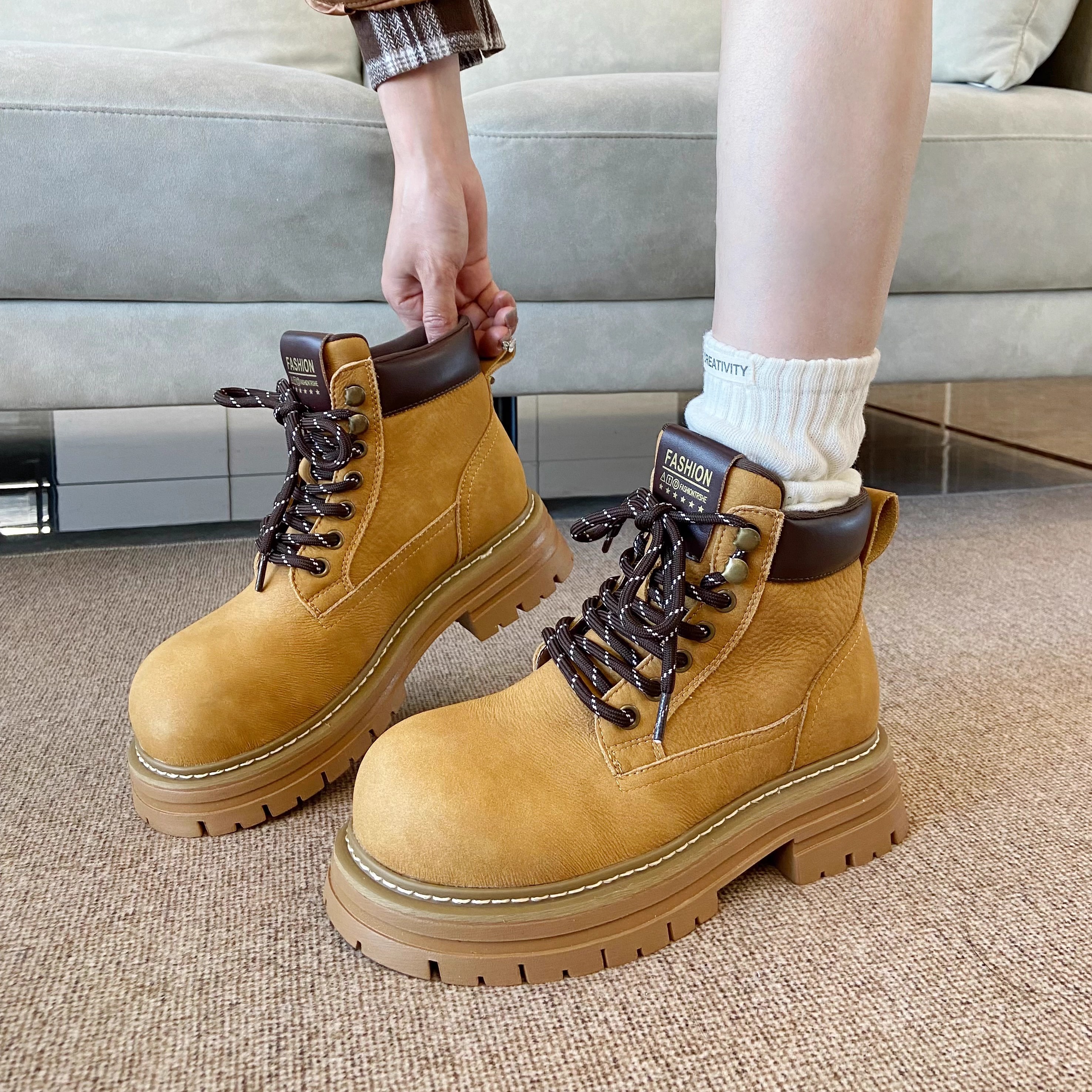 真皮大黄靴女马丁靴厚底