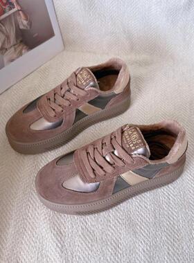 厚底德训鞋女2025新款秋冬加绒真皮圆头系带休闲软底运动板鞋棉鞋