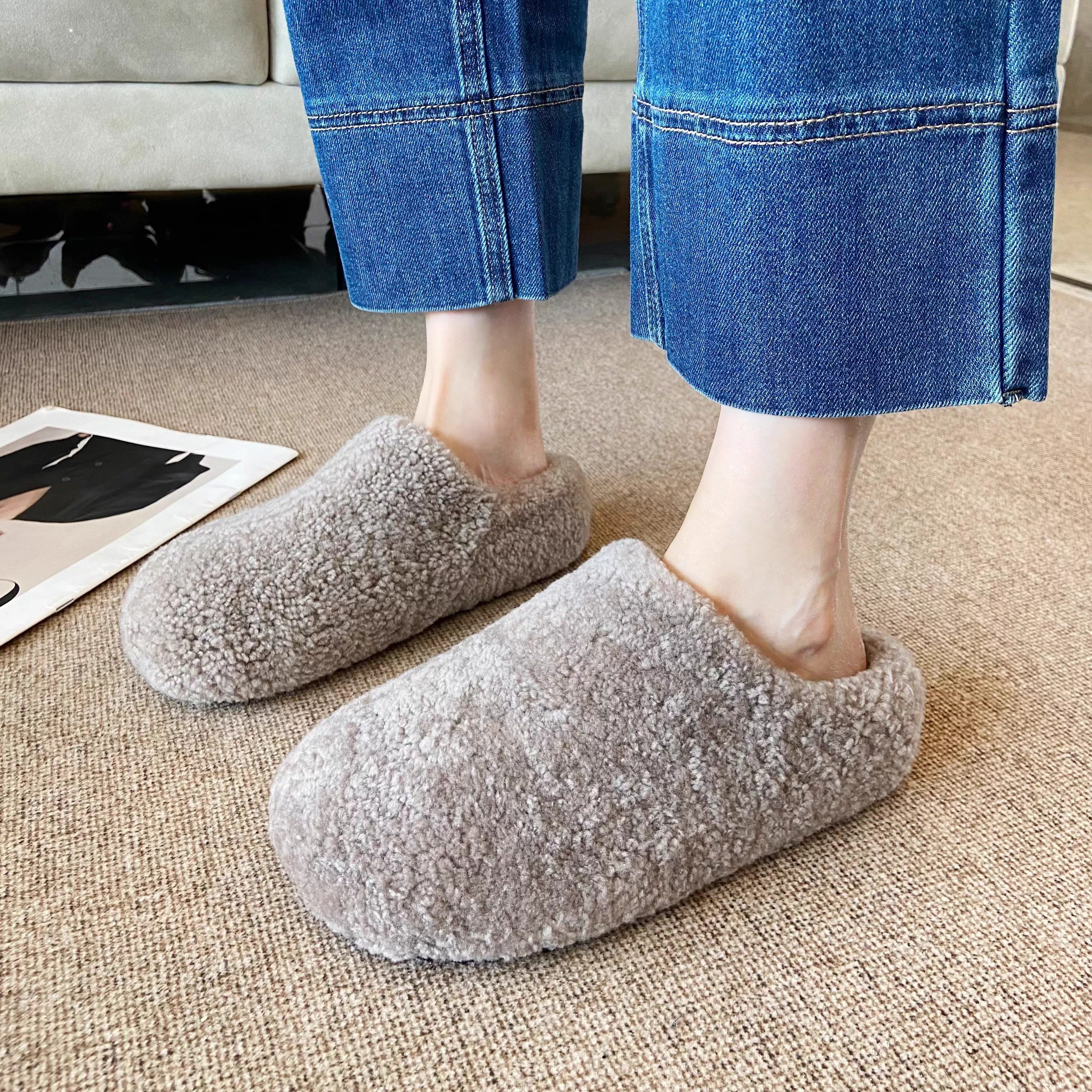 羊羔毛包头厚底加绒保暖半拖鞋女外穿秋冬2025新款灰色毛毛棉拖鞋