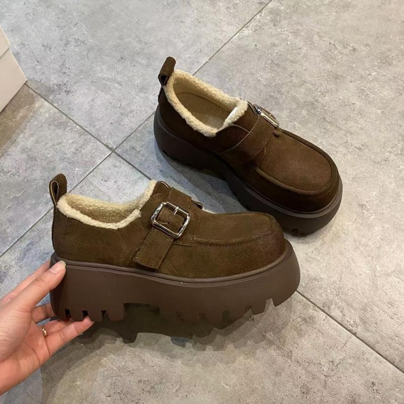 厚底增高加绒乐福鞋女2025秋冬新款英伦风真皮磨砂一脚蹬保暖棉鞋