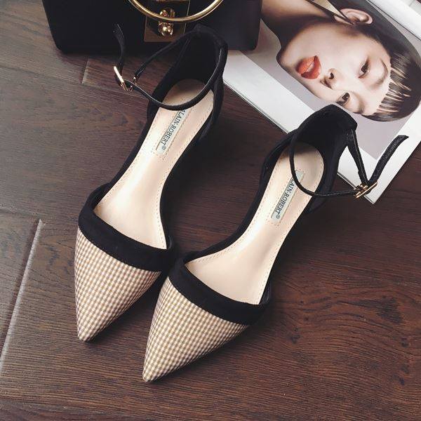 2019春季新款韩版公主鞋甜美格子布面拼接尖头一字扣粗跟单鞋女鞋|msdalam kategori Kasut wanita, kasut rendah - dari Buy2taobao.com untuk memberikan perkhidmatan ejen Taobao profesional membeli