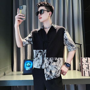 CS259-P58 控78 新中式中袖衬衫社会小伙潮流男风衬衣 黑2图片