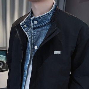 JK216-P108 控148 秋冬新款社会小伙假两件拼牛仔夹克男外套 黑1图片