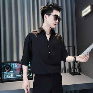 CS283-P58 控78 夏季五分袖衬衫社会小伙潮流男短袖衬衣黑2图片