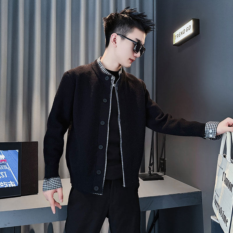MY215-P118控158秋冬新款小伙假两件毛衣开衫男针织衫线衣黑1,男装针织衫/毛衣,电商A343