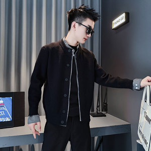 MY215-P118控158秋冬新款小伙假两件毛衣开衫男针织衫线衣黑1