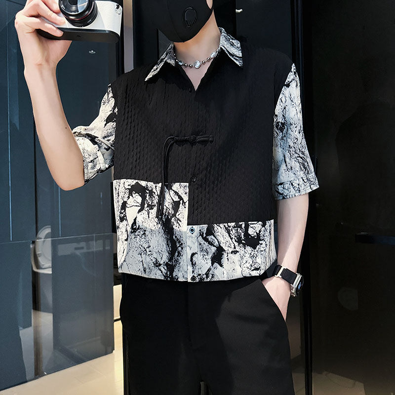 CS259-P58控78新中式中袖衬衫社会小伙潮流男风衬衣黑4,男装衬衫,电商A343