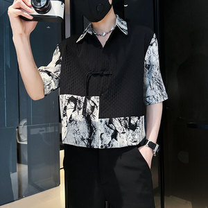 CS259-P58控78新中式中袖衬衫社会小伙潮流男风衬衣黑4