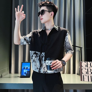 CS259-P58 控78 新中式中袖衬衫社会小伙潮流男风衬衣 黑2图片