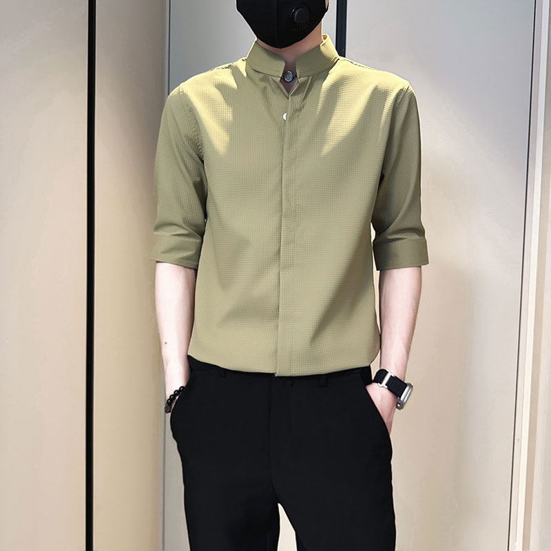 CS274-P58控78夏季中袖衬衫社会小伙潮流男衬衣卡其2，男装衬衫，电商A343