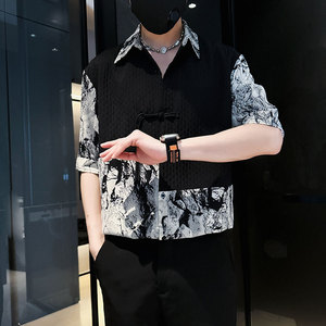 CS259-P58 控78 新中式中袖衬衫社会小伙潮流男风衬衣 黑5图片