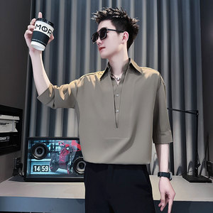 CS283-P58 控78 夏季五分袖衬衫社会小伙潮流男短袖衬衣 卡其2图片