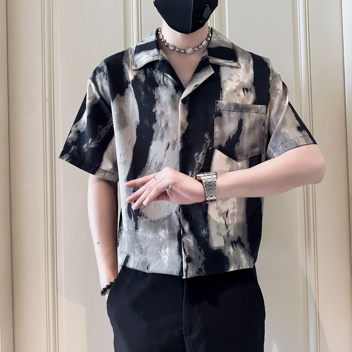 CS271-P58控78夏季中袖衬衫社会小伙潮流男衬衣黑4,男装衬衫,电商A343