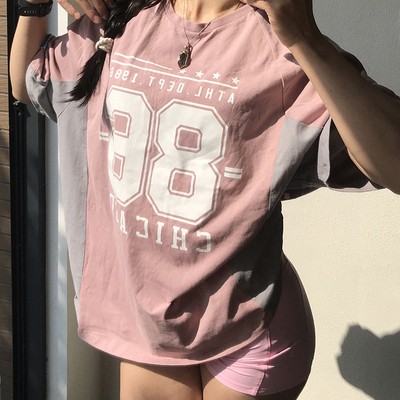 Morningoolala 美式复古y2k棉质圆领运动宽松球衣健身训练短袖 女