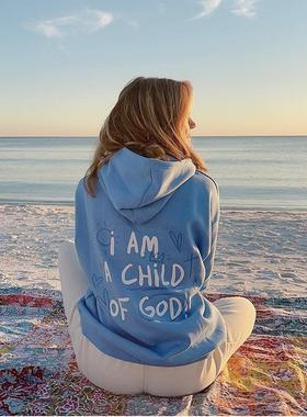 Morningoolala 米国Child of God 连帽薄绒蓝色情侣卫衣