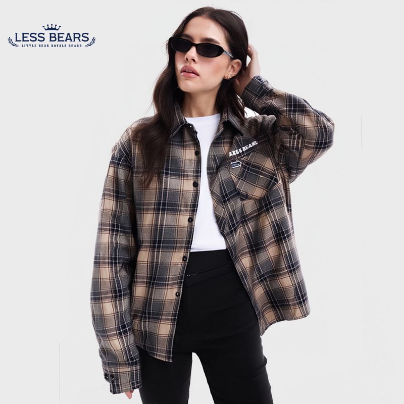LESS BEARS 翻领宽松舒适通勤单排扣长袖衬衫