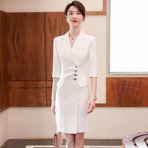 职业西装连衣裙女2026新款春秋薄款气质正式场合白色中裙面试裙子