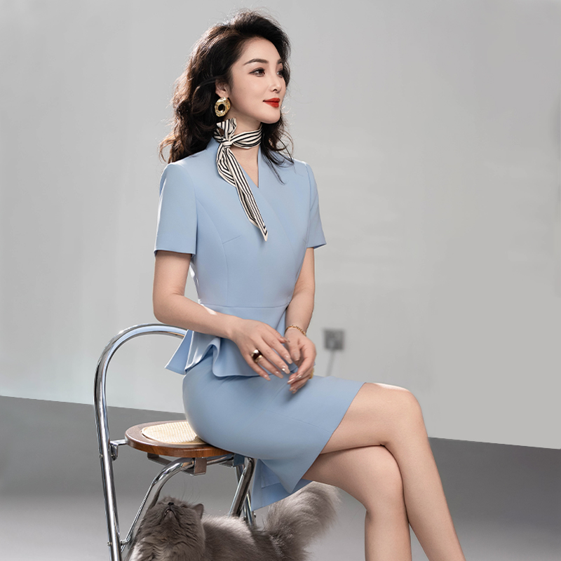 蓝色短袖西装套裙工作服女