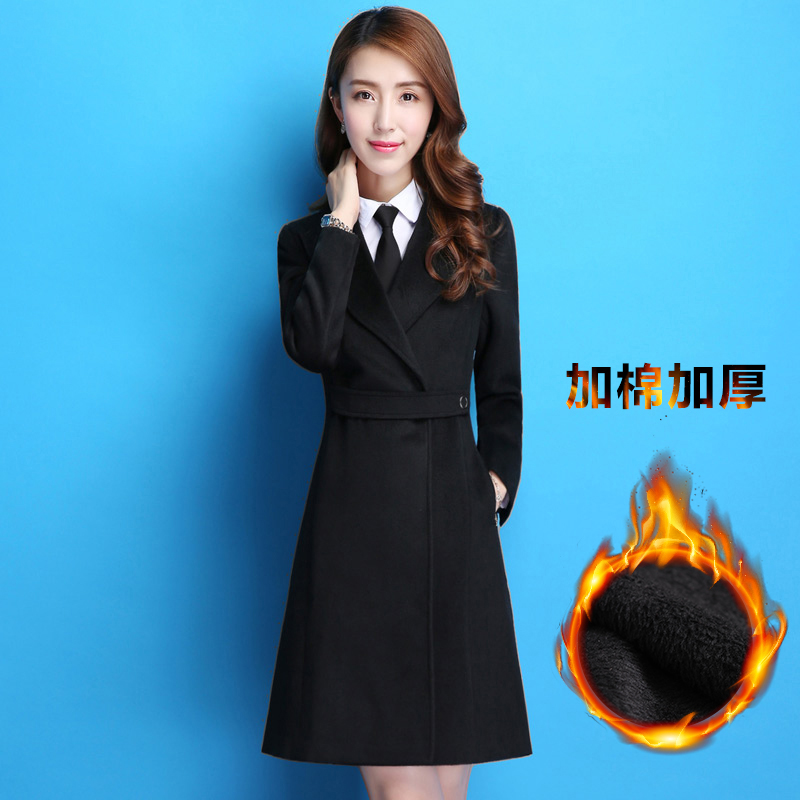 冬季加棉加厚黑色工装风毛呢大衣