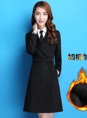 职业装毛呢大衣女中长款冬季加棉加厚工作服黑色呢子外套银行工装