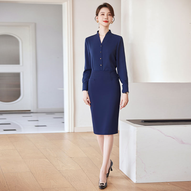 长袖V领衬衫女职业套装裙工作服