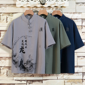 套装男夏季短袖t恤薄款风唐装6分裤印花衣服工作服HP45图片