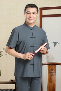 【牛奶丝】风夏季男装套装冰丝唐装盘扣爸爸装短袖5806P110图片
