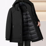 中老年羽绒服男爸爸冬装连帽可卸印花拼接中长款羽绒上衣2266P210，男装羽绒服，星座1010A-1