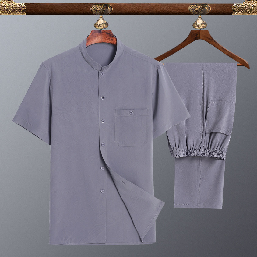 2191P50中老年人冰丝套装男爷爷夏装长裤短袖套装翻领风，男装休闲套装，星座1010A-1