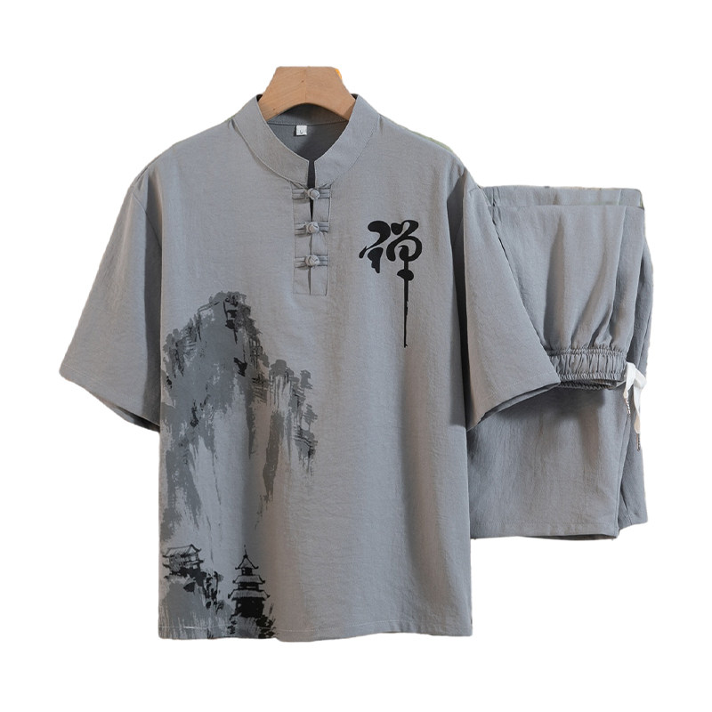 风男装夏季男士套装汉服复古风潮牌青年唐装6分裤H1689P45,男装民族服装,星座1010A-1